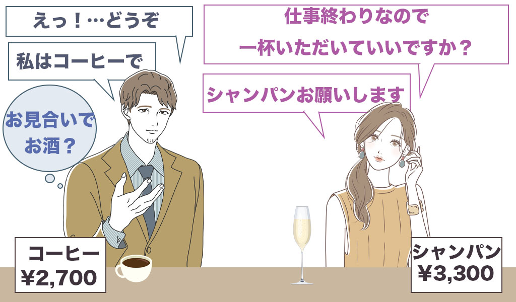 男性はコーヒーなのに、女性がアルコールを注文する画像