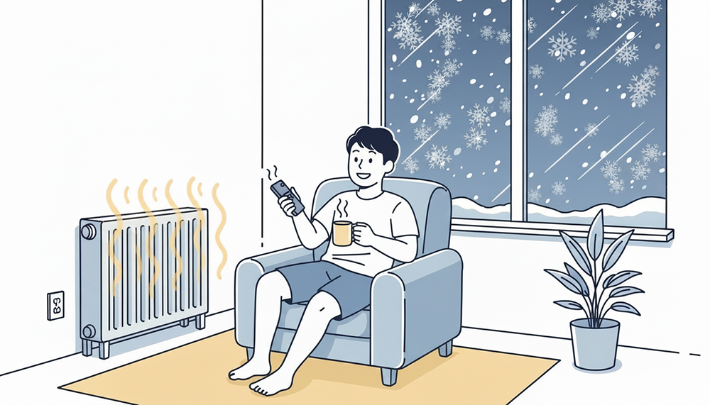 暖房をつけて半袖で過ごす男性