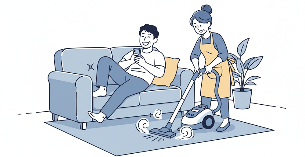 家事や手続きを一人で抱える妻とソファでくつろぐ夫