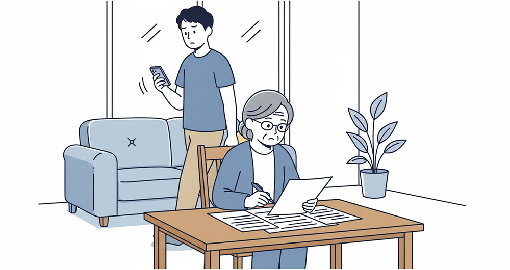 息子の役所の手続きをする80代の母親