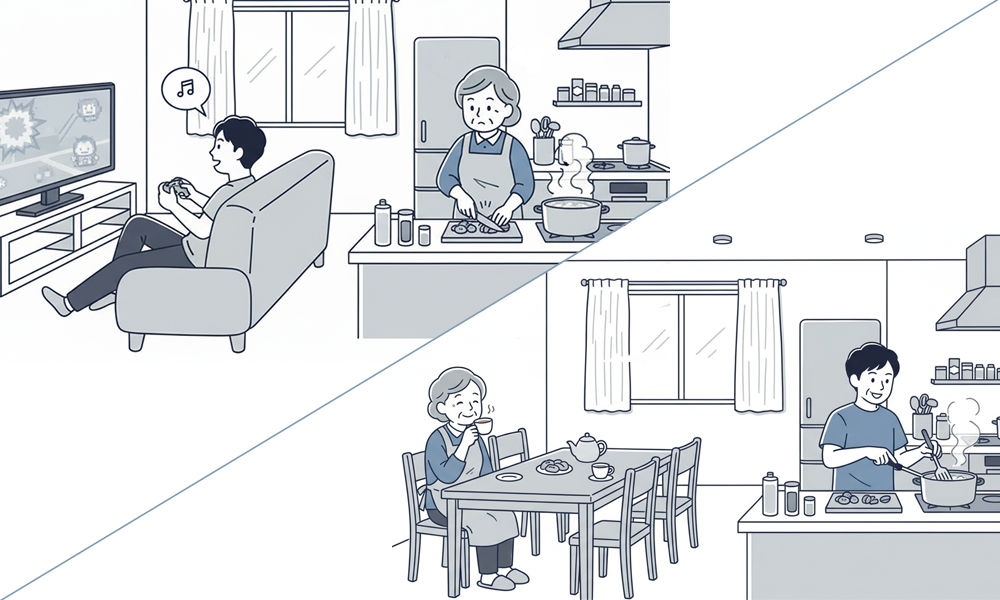 ゲームをする息子と料理をする母親と料理をする
息子とゆっくり過ごす母親