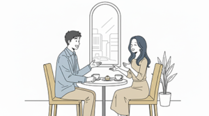 ホテルのカフェでお見合いをしている男女の画像