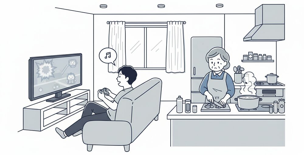 母に依存する息子の画像。息子はテレビゲーム・母は料理