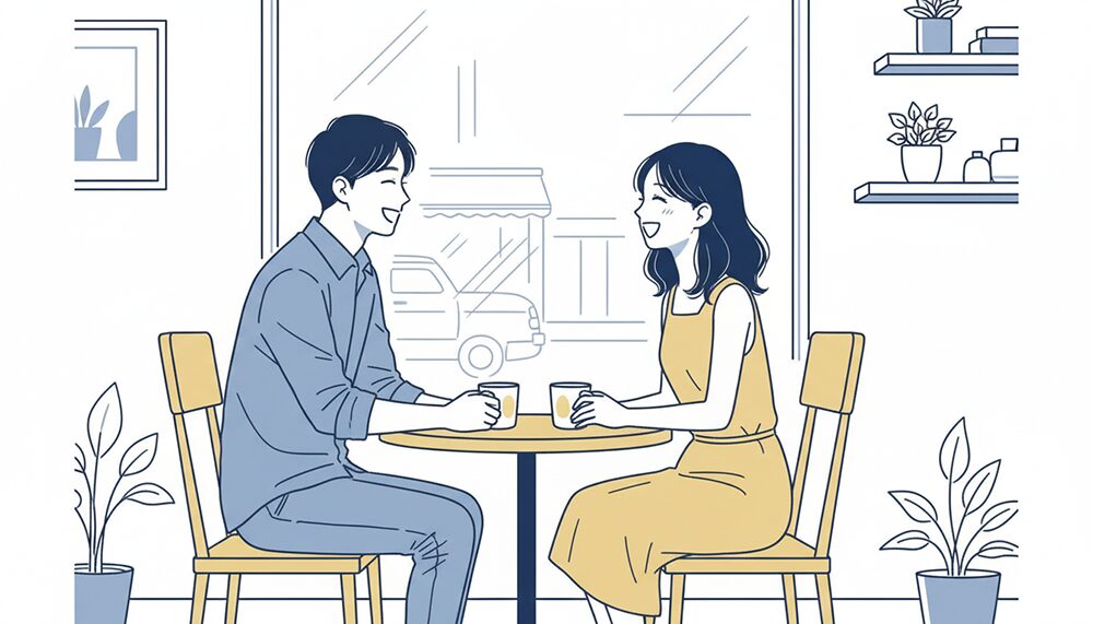 カフェ楽しそうに会話をする男女の画像