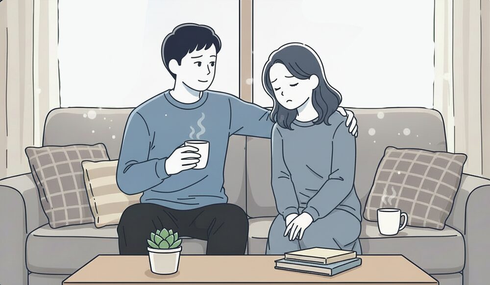落ち込んでいる彼女を優しい表情で慰める男性野画像