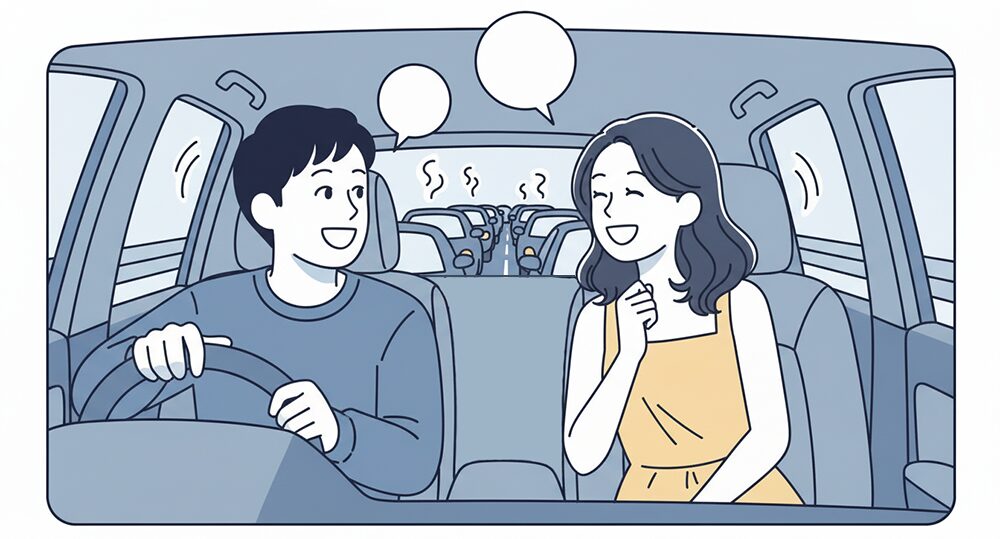 渋滞でも笑顔で穏やかな男性の画像