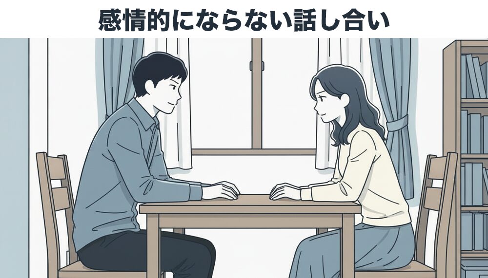穏やかに話し合う男女の画像