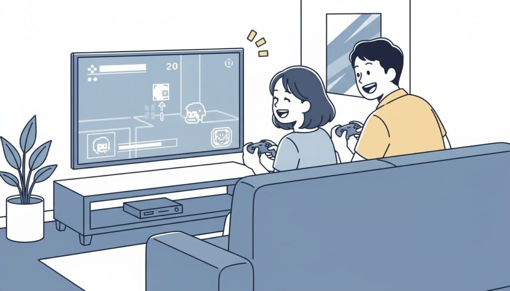 ソファーに並んで座ってテレビゲームを楽しんでいる男女の画像