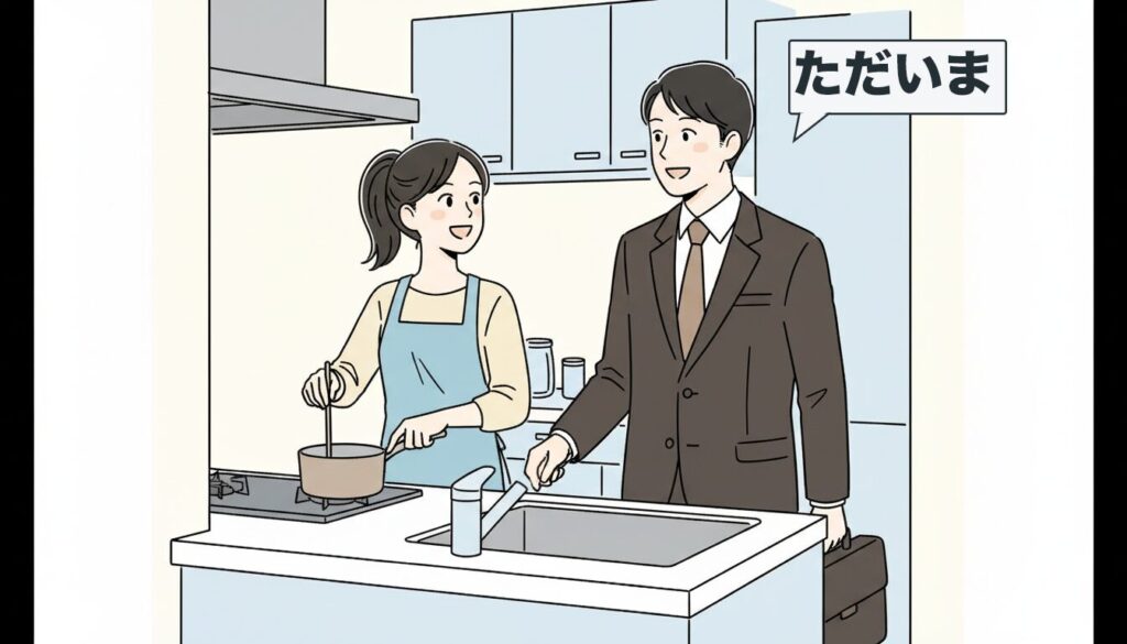 笑顔で料理をする女性と会社帰りの男性の画像