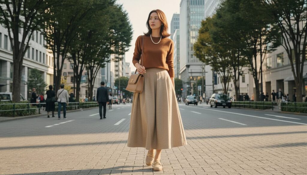 ファストファッションと質の良いファッションを組み合わせたコーディネートの画像