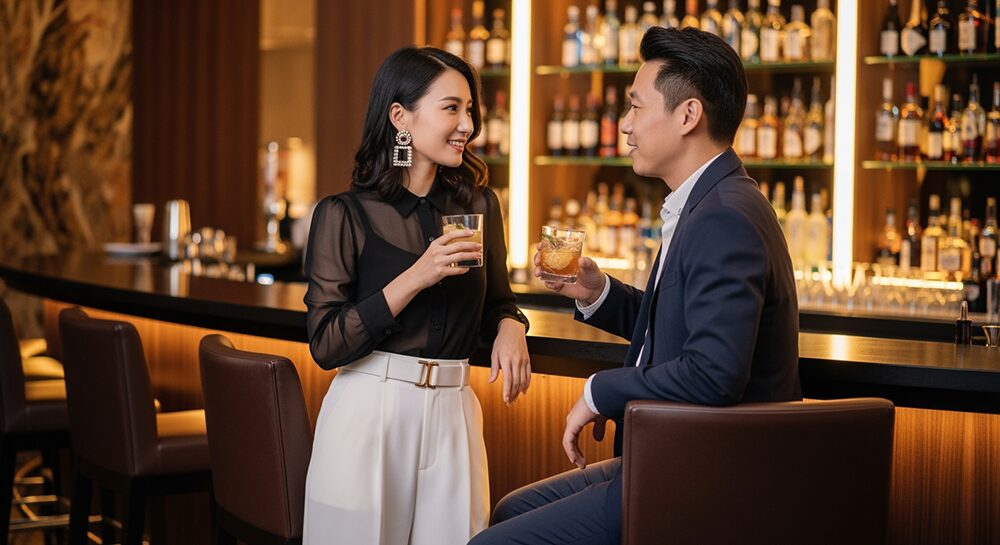 バーデートを楽しむカップルの画像。コーディネート例