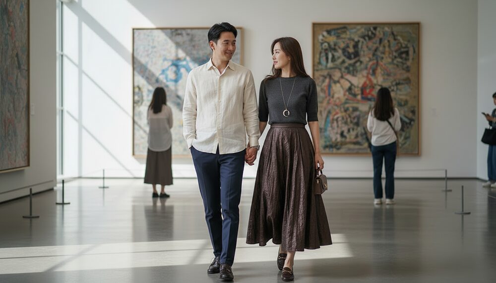 美術館デートを楽しむカップルの画像。コーディネート例