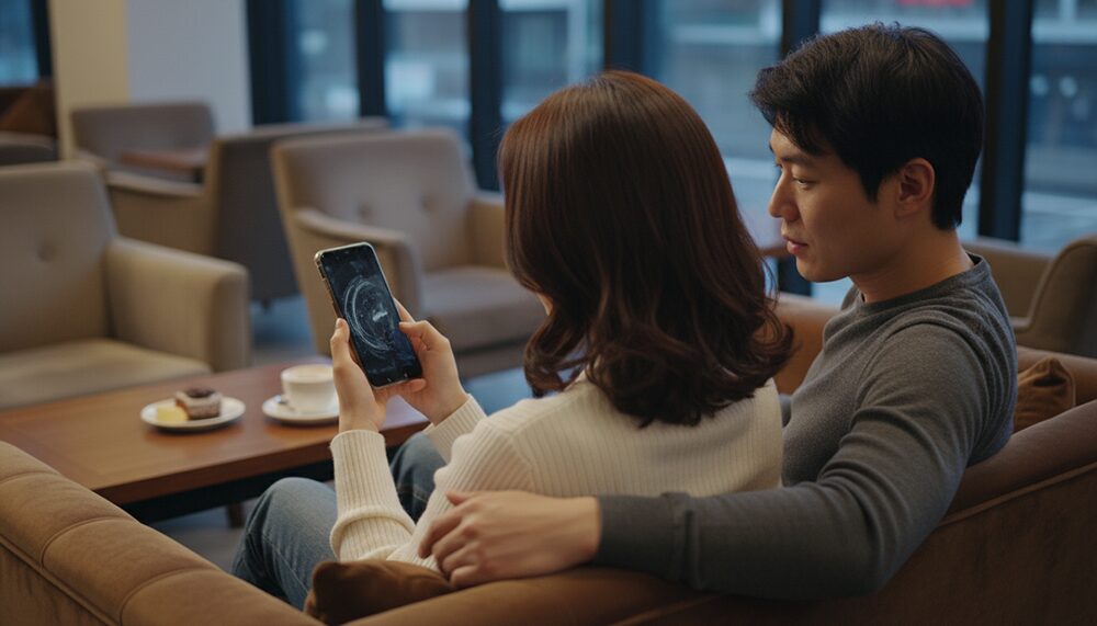 男性からスマホの画面を見られているタイミングを表した画像