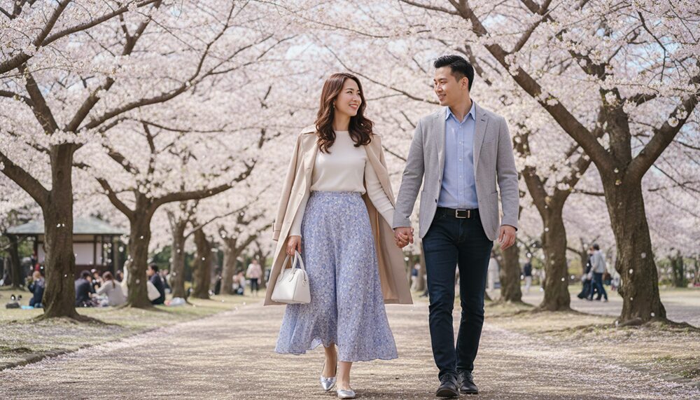 春のデートを楽しむカップルの画像。コーディネート例