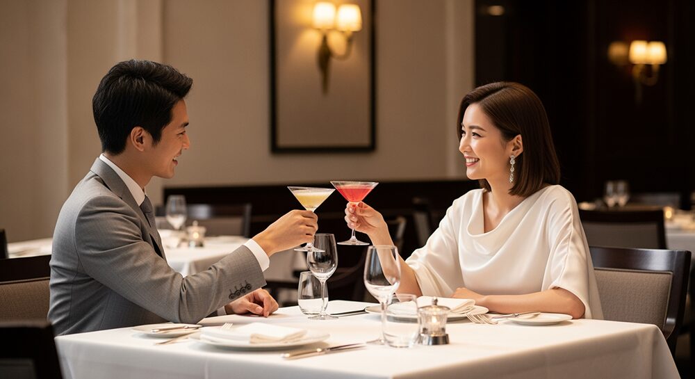 高級レストランデートを楽しむカップルの画像。コーディネート例