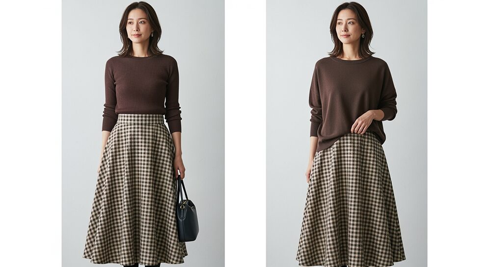 同じコーディネートでもメリハリのあるデザインとゆったりしたデザインとでの差を比べた画像