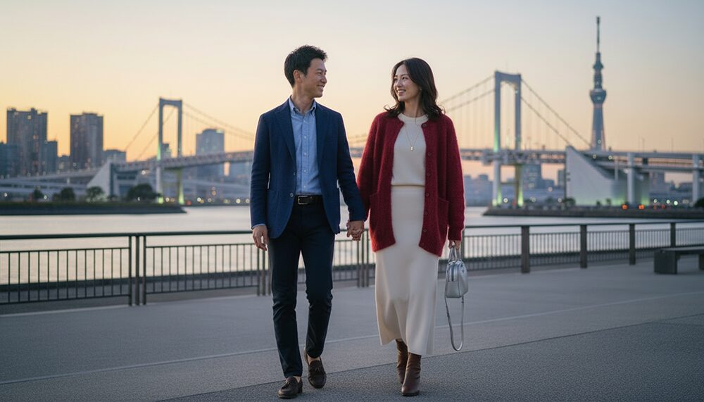 秋のデートを楽しむカップルの画像。コーディネート例