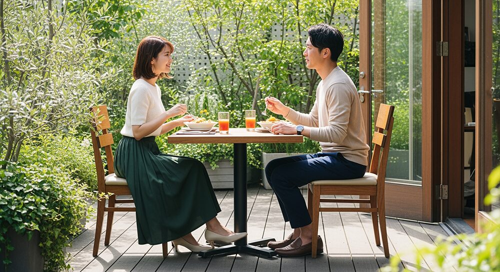 ランチデートを楽しむカップルの画像。コーディネート例