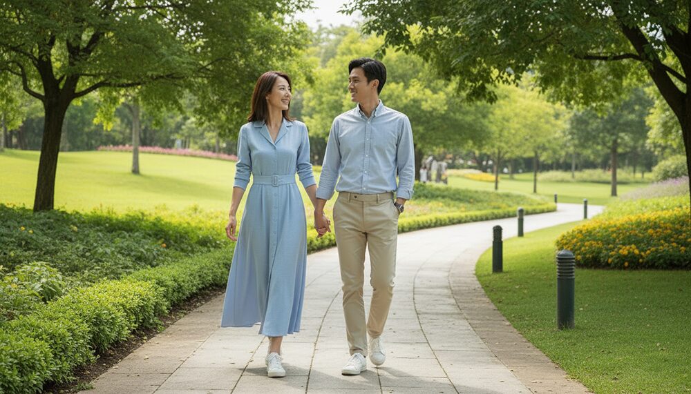 公園デートを楽しむカップルの画像。コーディネート例