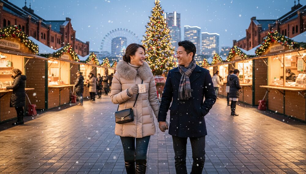 冬のデートを楽しむカップルの画像。コーディネート例