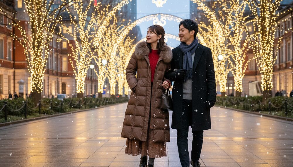 冬のデートを楽しむカップルの画像。コーディネート例