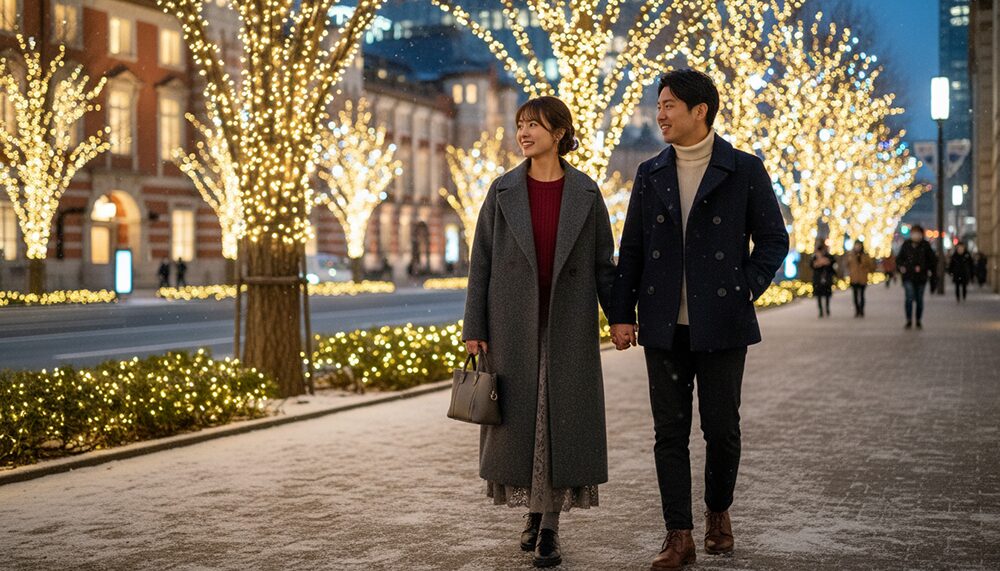 冬のデートを楽しむカップルの画像。コーディネート例