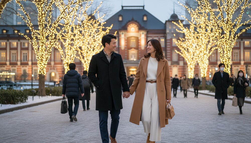 冬のデートを楽しむカップルの画像。コーディネート例