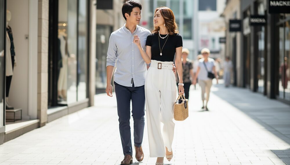 夏のデートを楽しむカップルの画像。コーディネート例