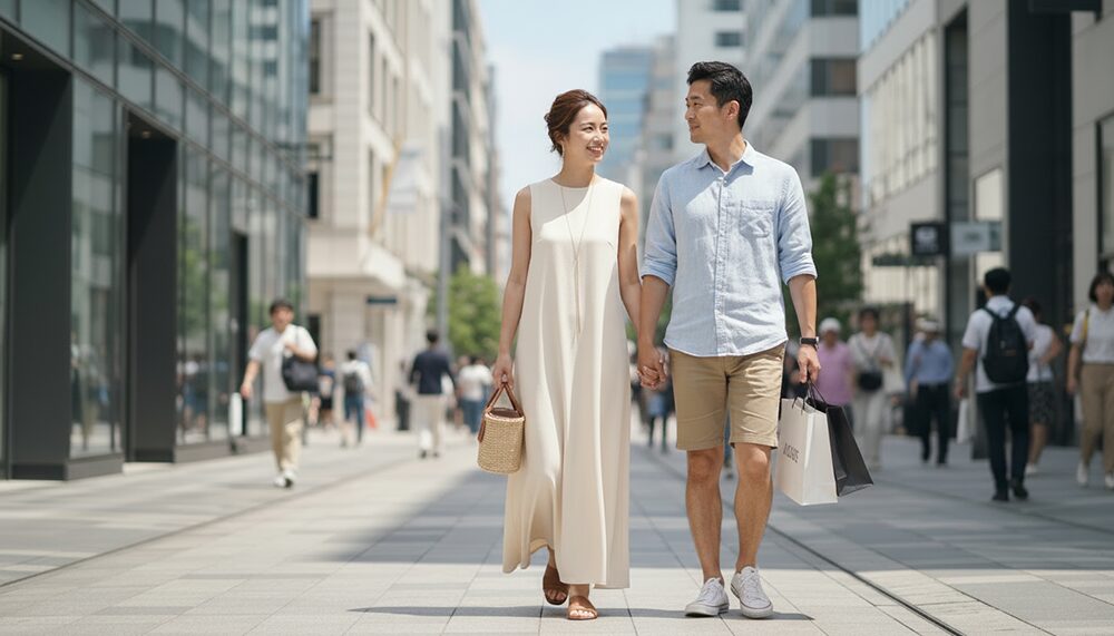 夏のデートを楽しむカップルの画像。コーディネート例