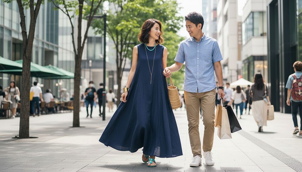 夏のデートを楽しむカップルの画像。コーディネート例