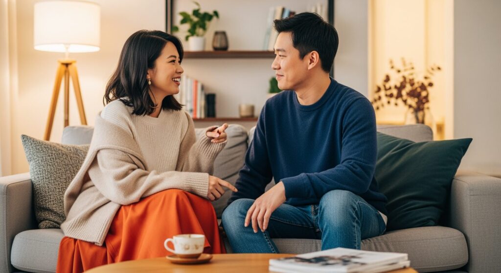 お家デートを楽しむカップルの画像。コーディネート例