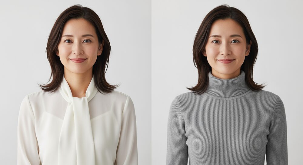 トップスに明るい色とくすみがちな色を持ってきた時の差がわかる画像