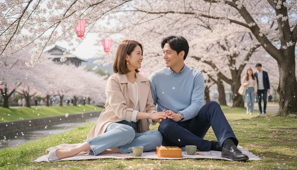 春のデートを楽しむカップルの画像。コーディネート例