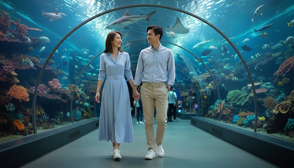 水族館デートを楽しむカップルの画像。コーディネート例