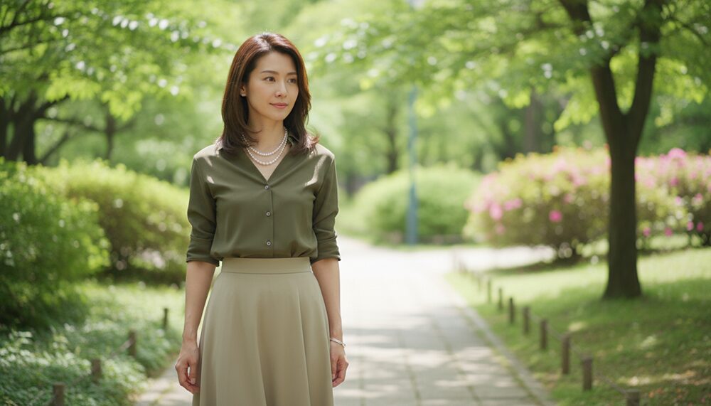 艶のある髪・シミシワのない服で上品な女性の画像