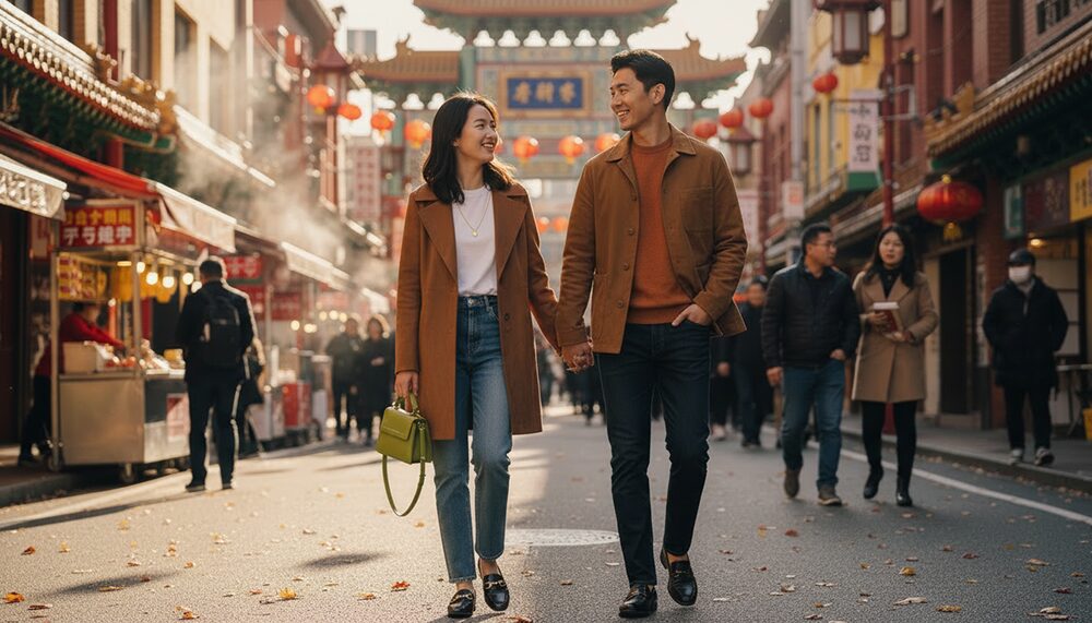 秋のデートを楽しむカップルの画像。コーディネート例