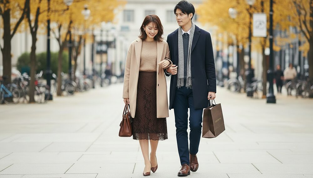 秋のデートを楽しむカップルの画像。コーディネート例