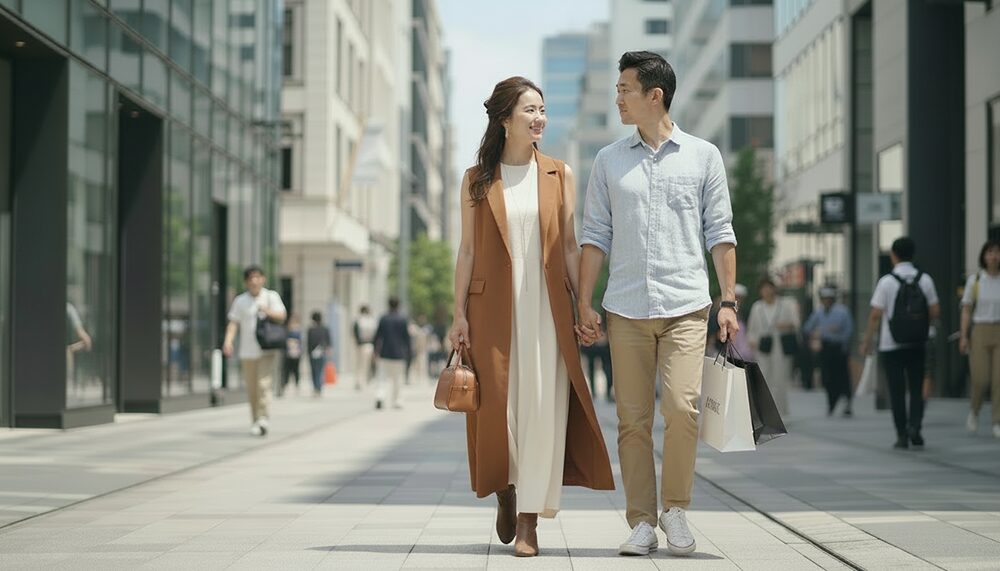 秋のデートを楽しむカップルの画像。コーディネート例