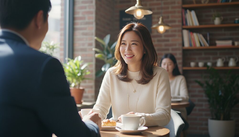 笑顔で相手の目を見ながら話す女性の画像