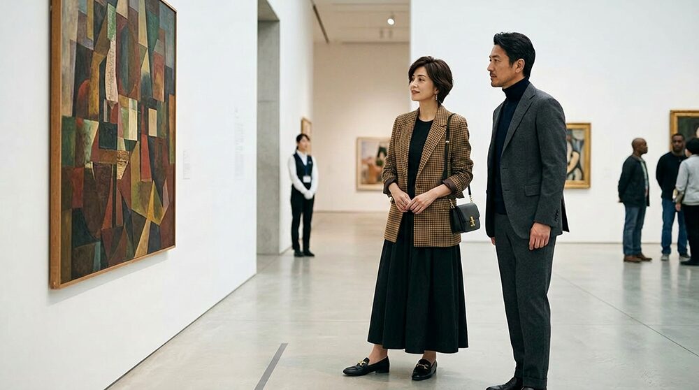 40代女性の美術館デートのコーディネートの画像