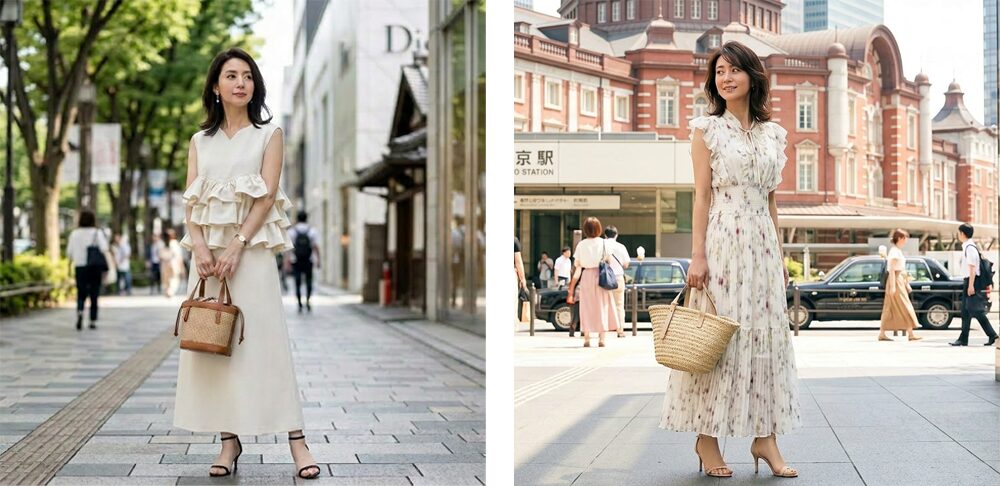 若作りと思われやすい、よくある服装。フリルたっぷりと花柄ワンピのコーデの画像