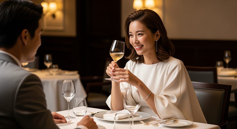40代女性の高級レストランでの服装の画像