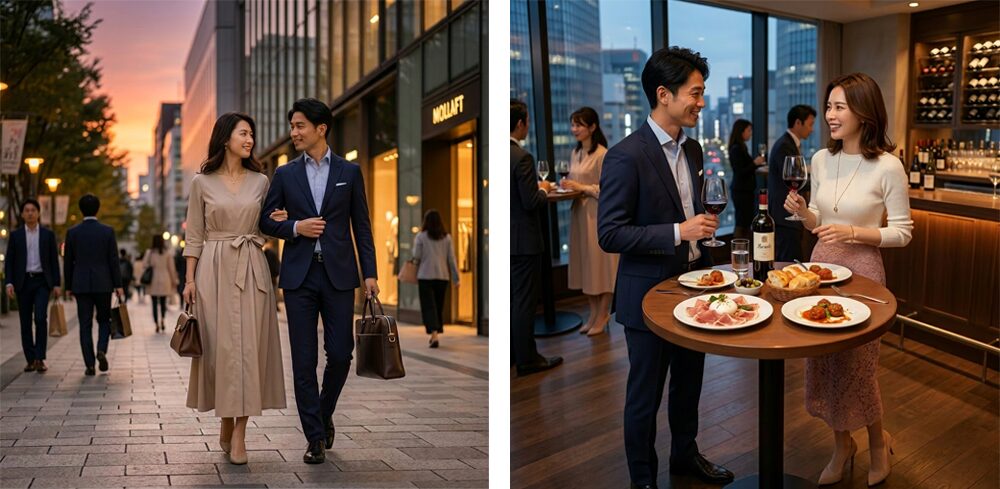 40代デート服:仕事帰りの初デート服は、上品なデザインの服を着ている画像