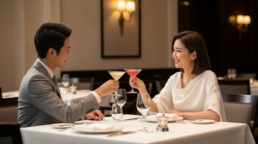 40代デート服:夜の少し高級なレストランデートに合う服装。とろみのある上品な服装でデートしている画像
