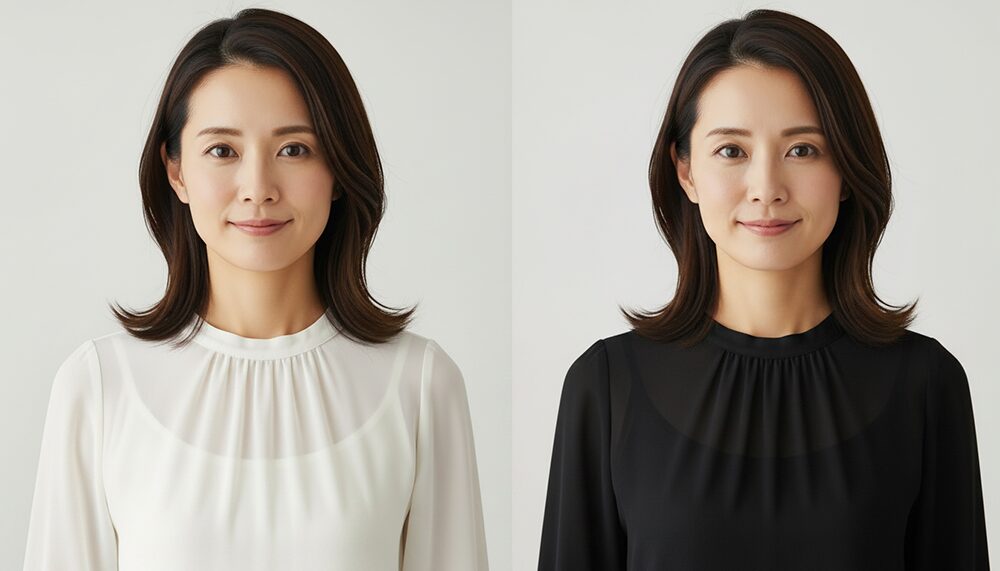 40代デート服:白黒のトップスによる顔の見え方の違い