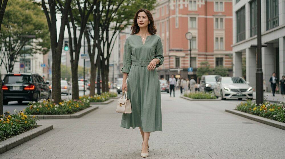 40代春のデート服:春のくすみ色カラーのワンピースを着た女性の画像