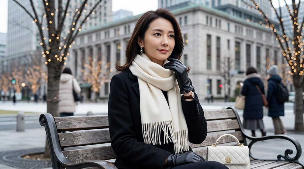40代冬のデート服:上質なカシミアのマフラーと革のグローブをした女性の画像