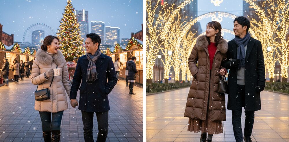40代冬のデート服:シルエットの綺麗なダウンコートを着た女性のデート風景(ショート丈とロング丈)