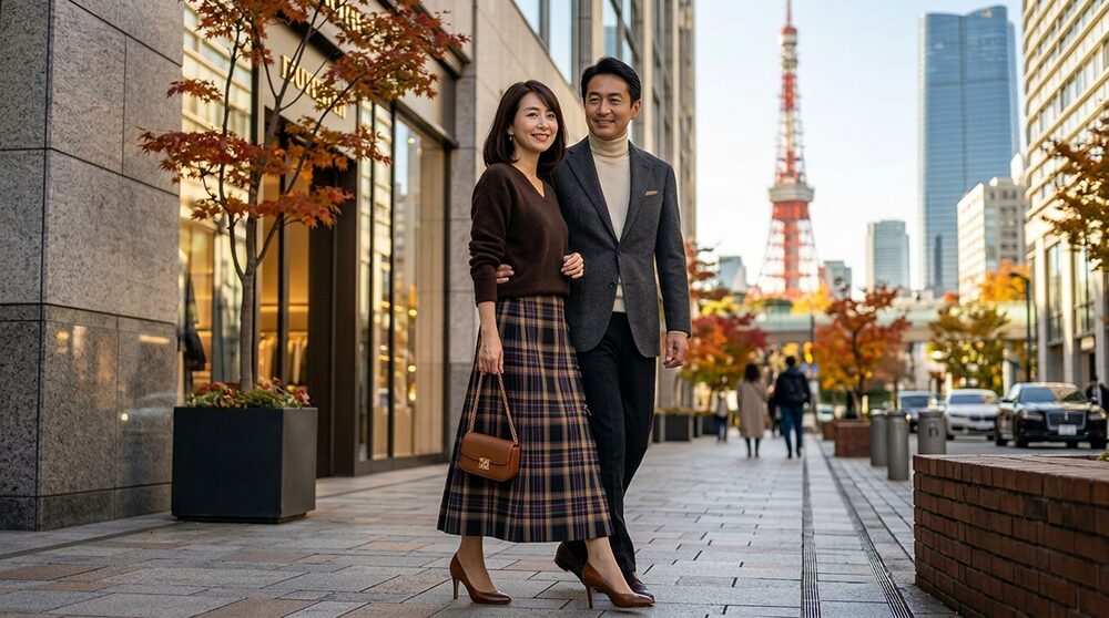 40代秋のデート服:大人チェック柄のスカートを履いたデートスタイルの画像