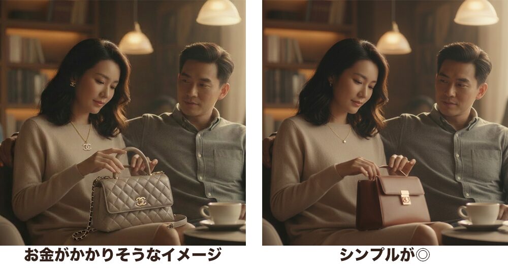 同じ服装でもバッグなどがブランド物とそうでない物とのコーディネートでイメージが変わる例の画像